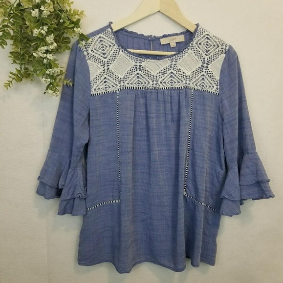 LOFT Tops - LOFT • Blue Flowy Embroidered Top with 3/4 sleeve